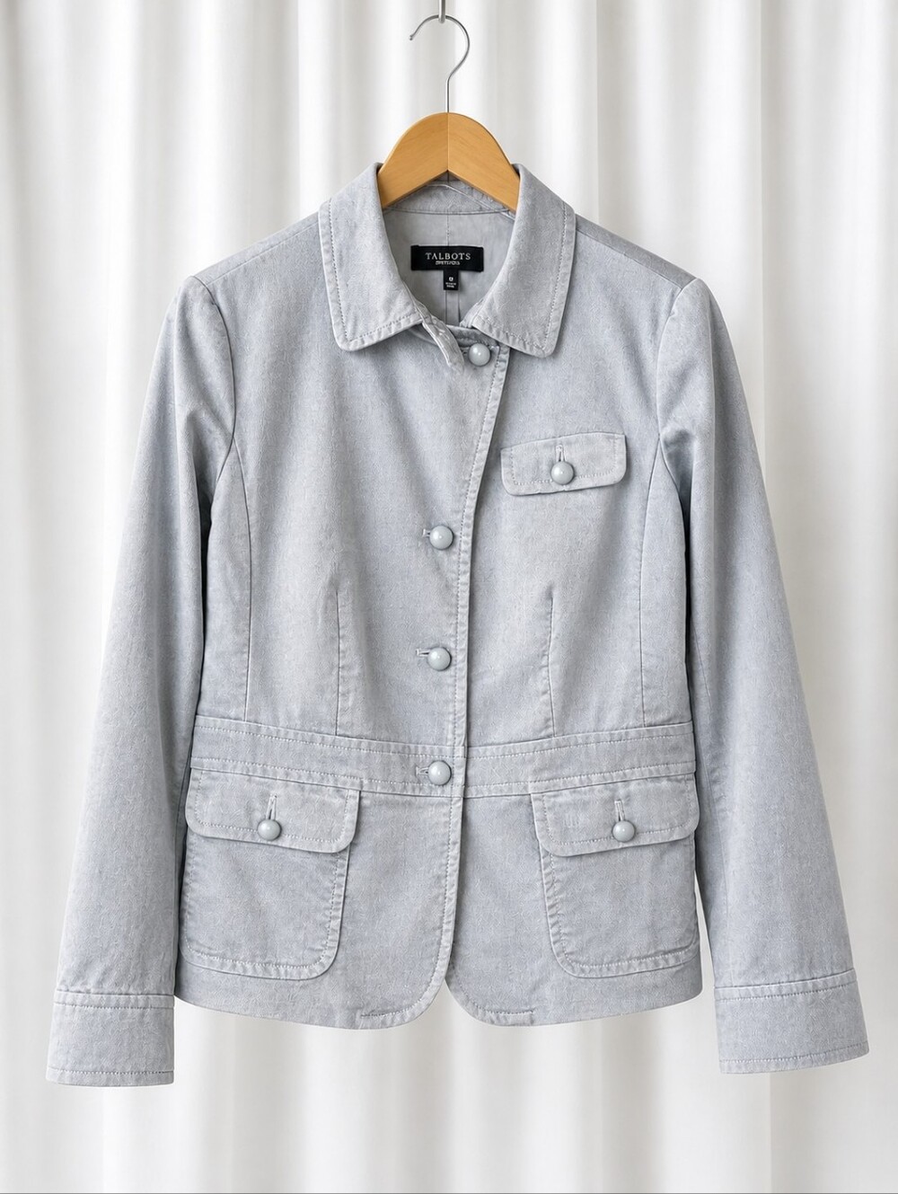Talbots Dove Gray Velvet Stretch Asymmetrical Button Front Grace Blazer Jacket